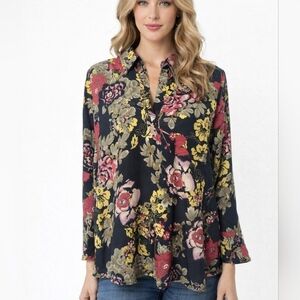 Pleione Women Blouse SizeMedium Black Multicolor Floral Long Sleeve Collared Top